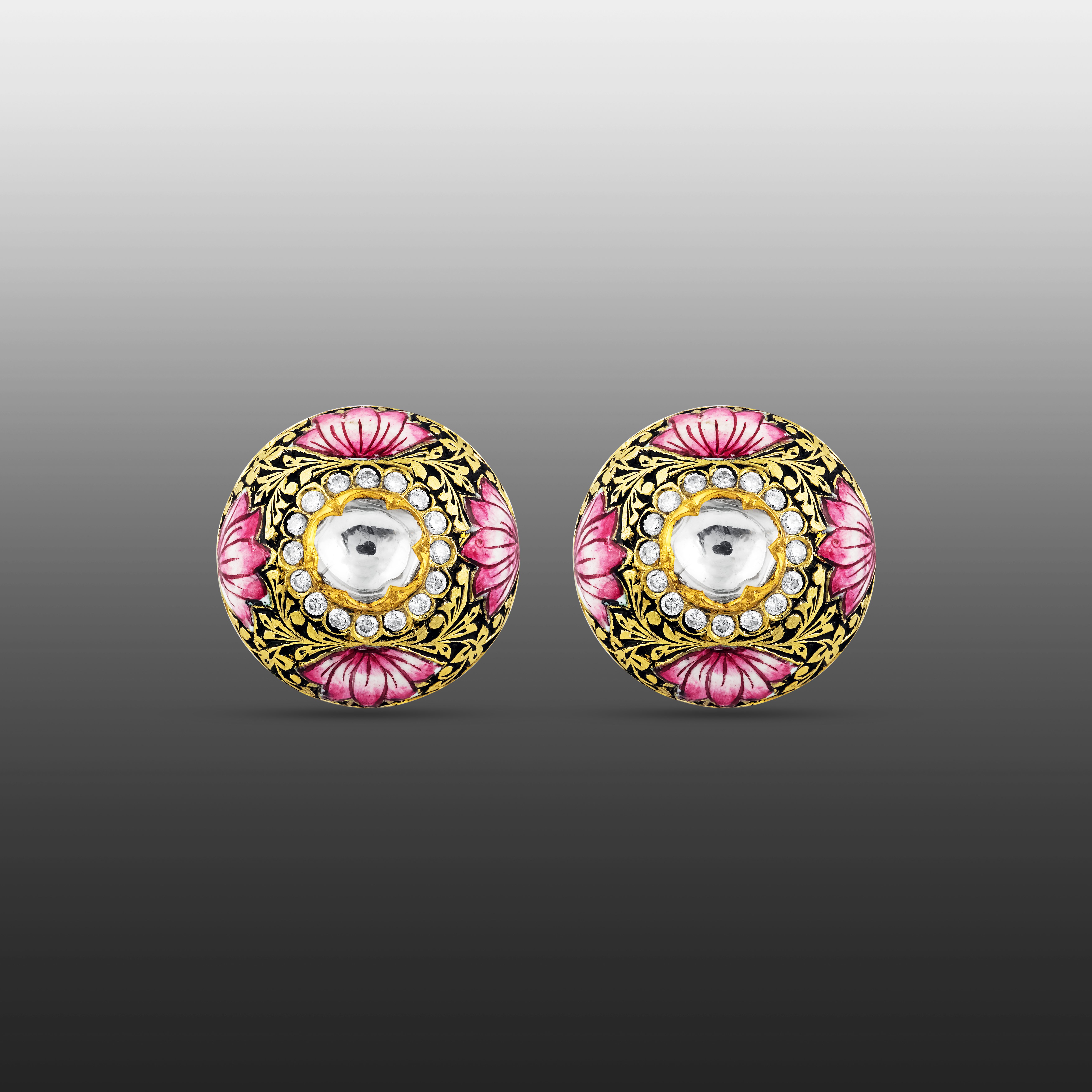 Partash Studs with Polki, Full-Cut Diamonds, and Lotus Enamel